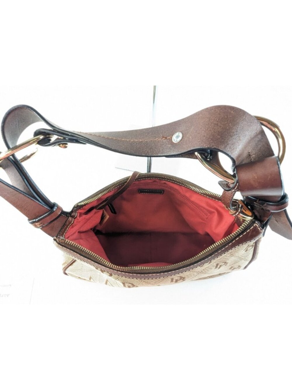 Dooney Bourke Monogram Hobo Purse Tan Brown Canvas Brass Shoulder Bag - Picture 12 of 13